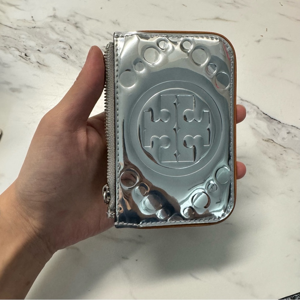 Tory Burch metallic silver wristlet